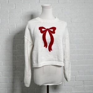 White Knit Sweater with Red Bow Motif | Coquette Holiday Cottagecore Pullover L